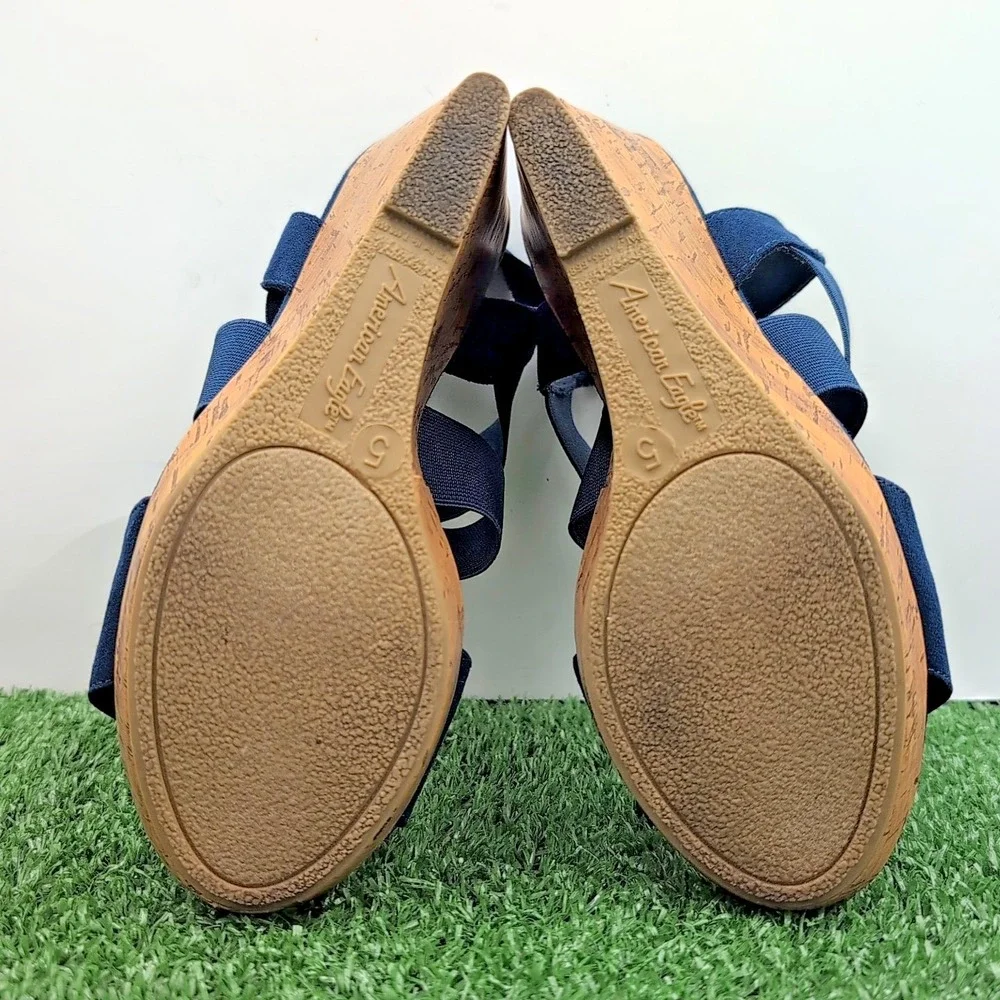 American Eagle AE Women's Shoes 5 Ryan Wedge Sandals Navy Blue Cork Heel Straps